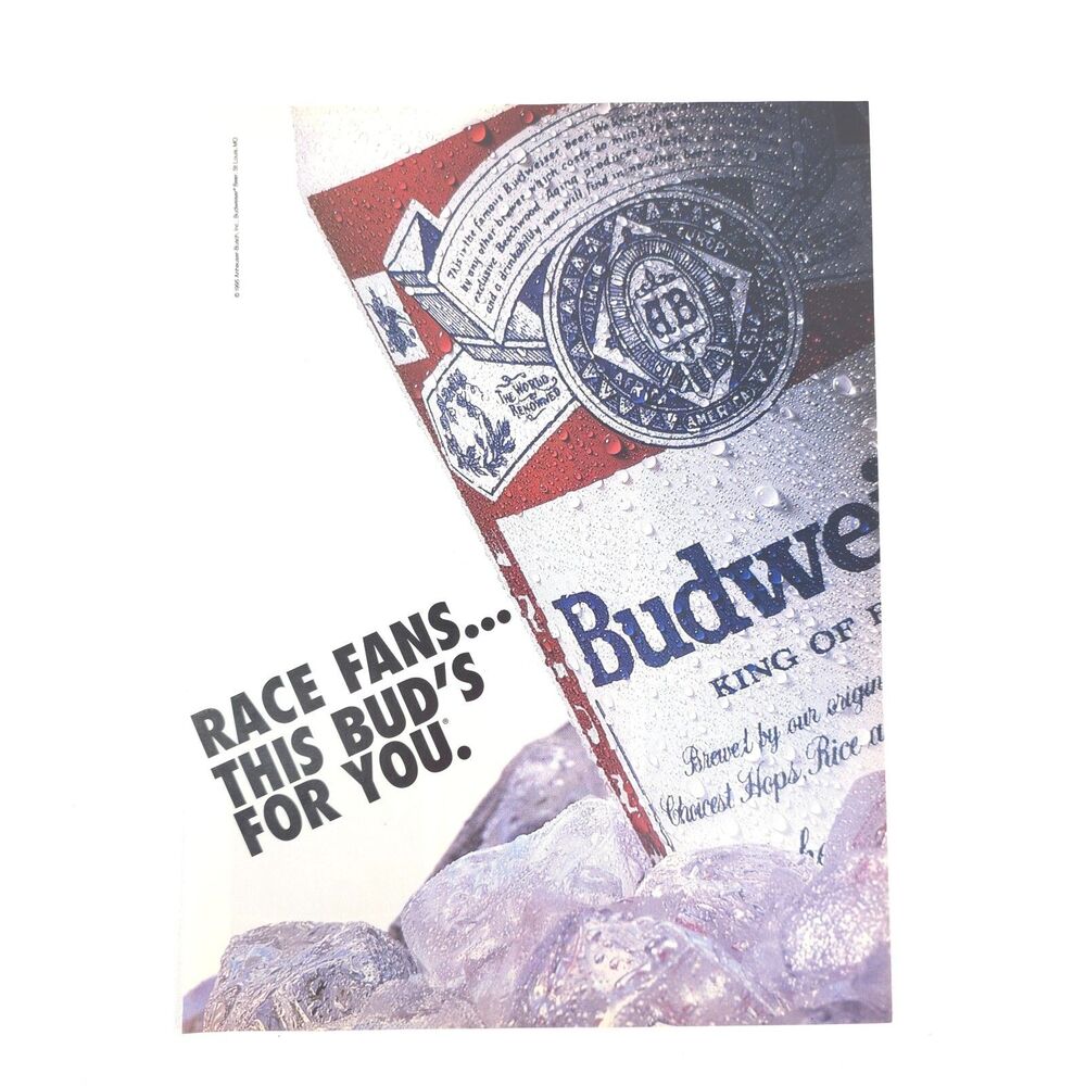 VTG Budweiser Beer Advertising Print Ad Race Fans Ice Cooler Garage Wall Art